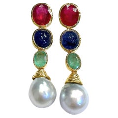 Bochic Orient Rubin, Smaragd & Saphir Perlen Ohrringe Set 18K Gold & Silber