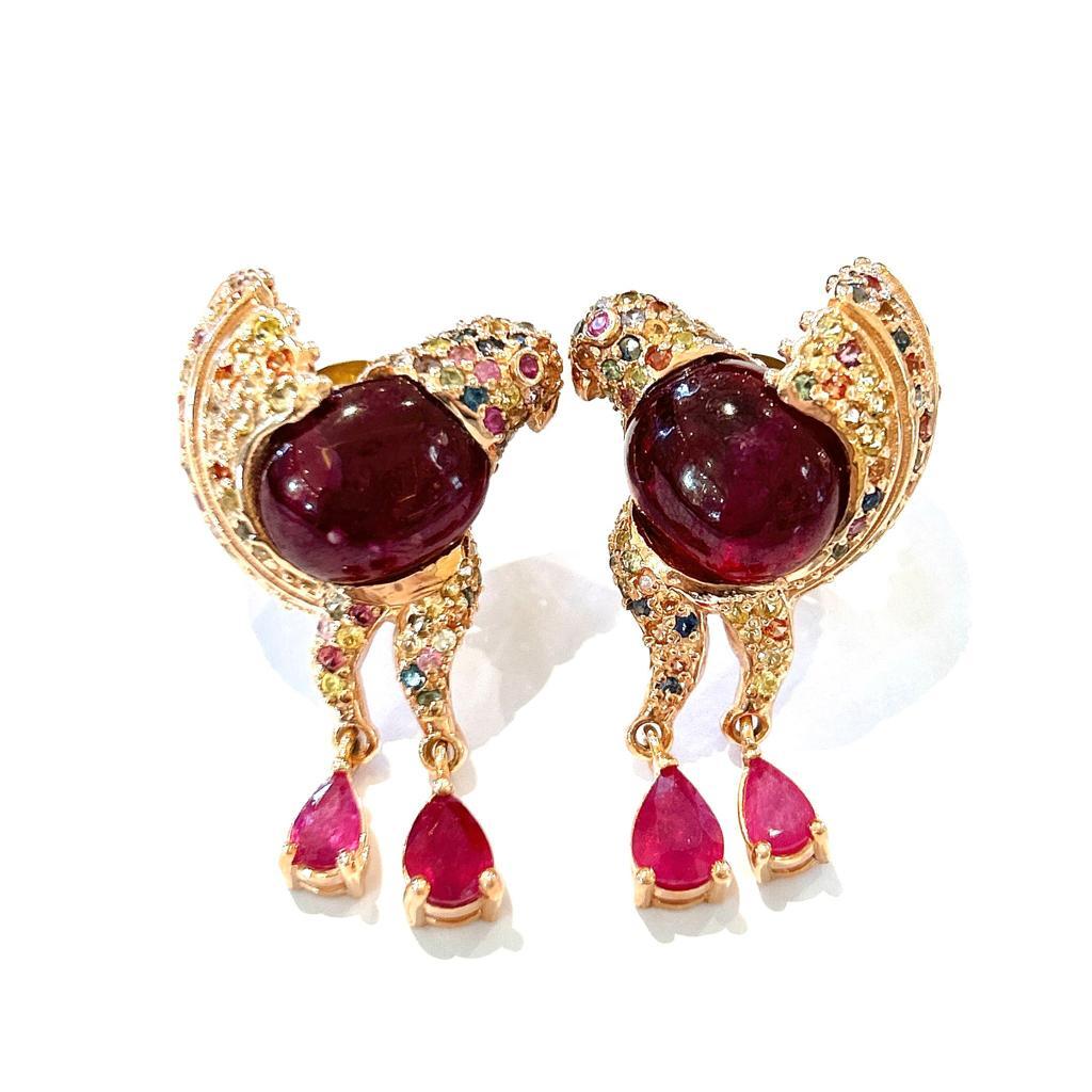 Belle Époque Bochic “Orient” Ruby & Fancy Color Sapphires Set In 18K Gold & Silver Earrings For Sale