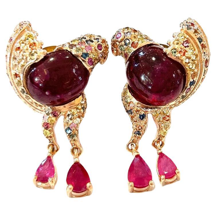 Bochic “Orient” Ruby & Fancy Color Sapphires Set In 18K Gold & Silver Earrings For Sale