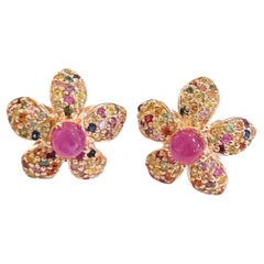 Boucles d'oreilles Bochic Orient en or et argent 18 carats serties de rubis et de saphirs de couleur fantaisie