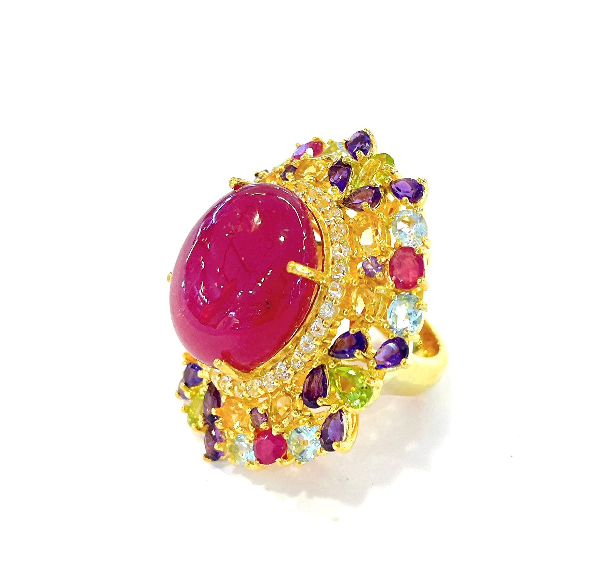 Mastercolor Ruby Set Bochic “Orient” Ruby and Fancy Multi Color Gems Cocktail Ring 18K Gold ...