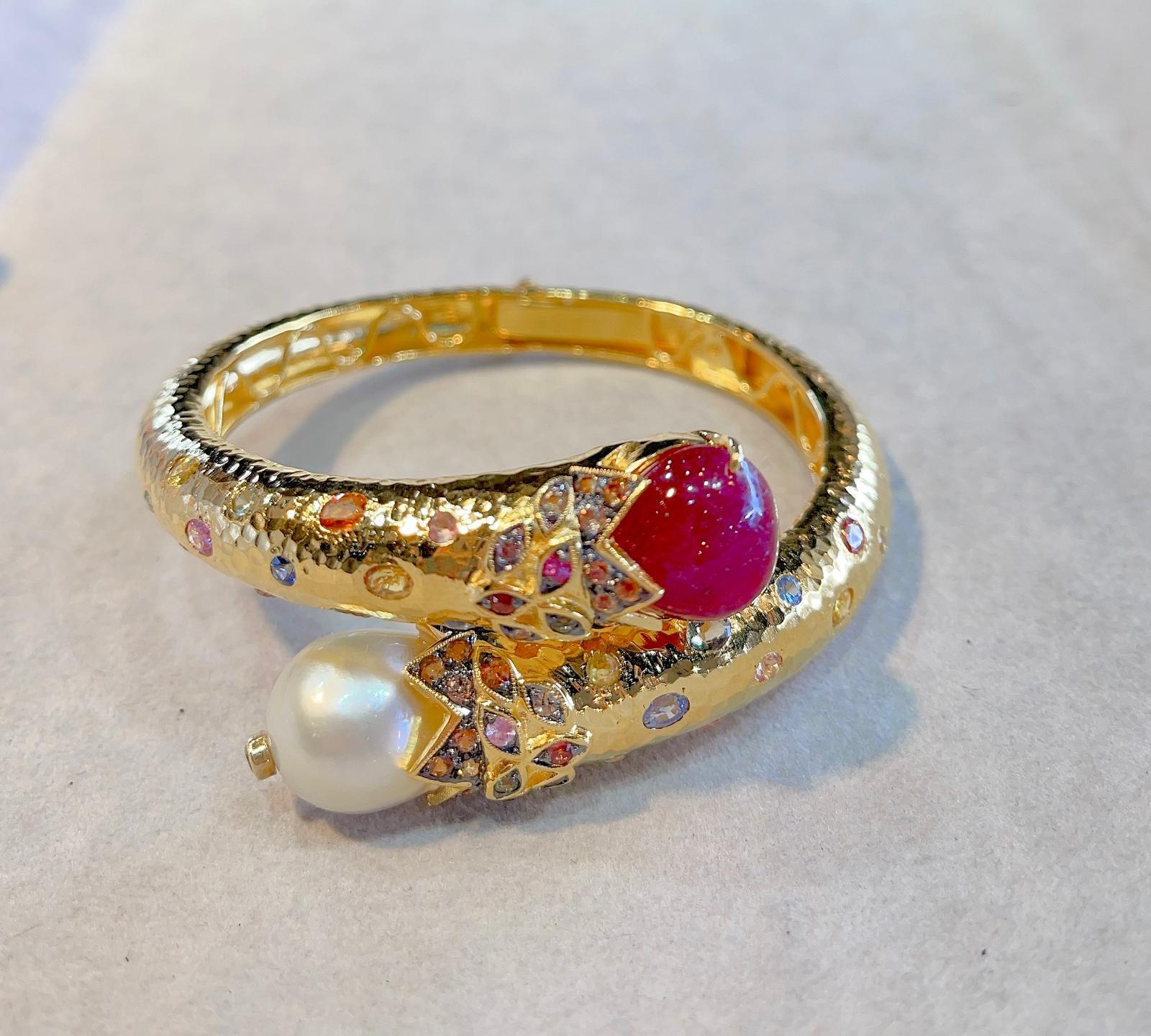 Baroque Bochic “Orient” Ruby, Fancy Sapphire and South Sea Bangle Set in 22k Gold