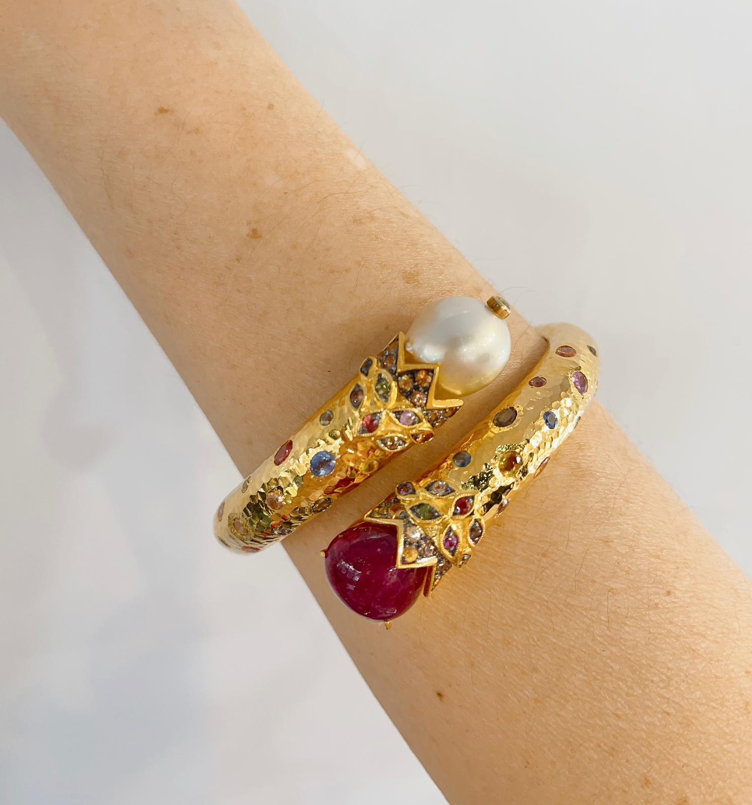 Cabochon Bochic “Orient” Ruby, Fancy Sapphire and South Sea Bangle Set in 22k Gold