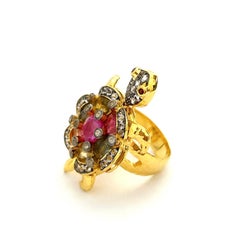Bochic “Orient” Vintage Ruby & Fancy Sapphires Turtle Ring - 18K & Silver
