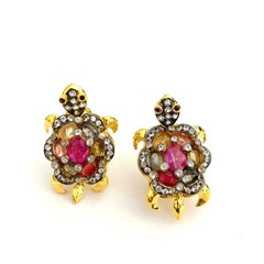 Bochic “Orient” Vintage Ruby & Fancy Sapphire Turtle Earrings 18K Gold & Silver