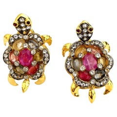 Bochic “Orient” Ruby & Fancy Sapphires Turtle Earrings Set 18K Gold & Silver