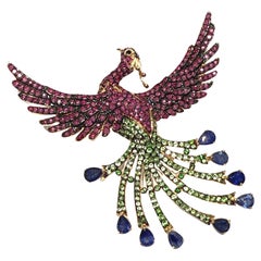 Bochic “Orient” Ruby, Garant & Blue Sapphire Brooch Set In 18K Gold & Silver
