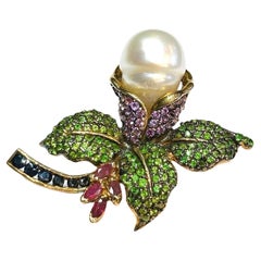 Broche / Colgante Bochic "Oriente" de oro de 18 quilates con rubí, granate y varios zafiros