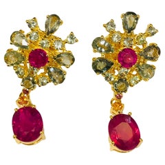 Bochic “Orient” Ruby & Green & Yellow Sapphire Earrings Set 18K Gold & Silver