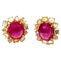 Bochic “Orient” Ruby & Multi Color Sapphire Earrings Set In 18K Gold & Silver 