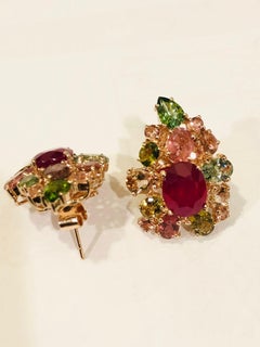 Bochic “Orient” Ruby & Multi Color Tourmalines Earrings Set 18K Gold & Silver