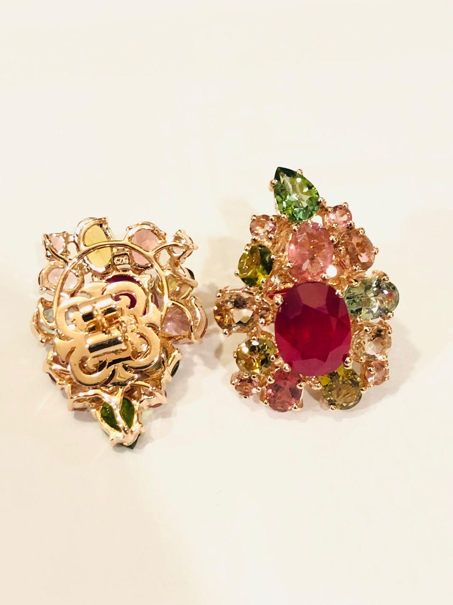 Bochic “Orient” Ruby & Multi Color Tourmalines Earrings Set 18K Gold & Silver Barroco en venta