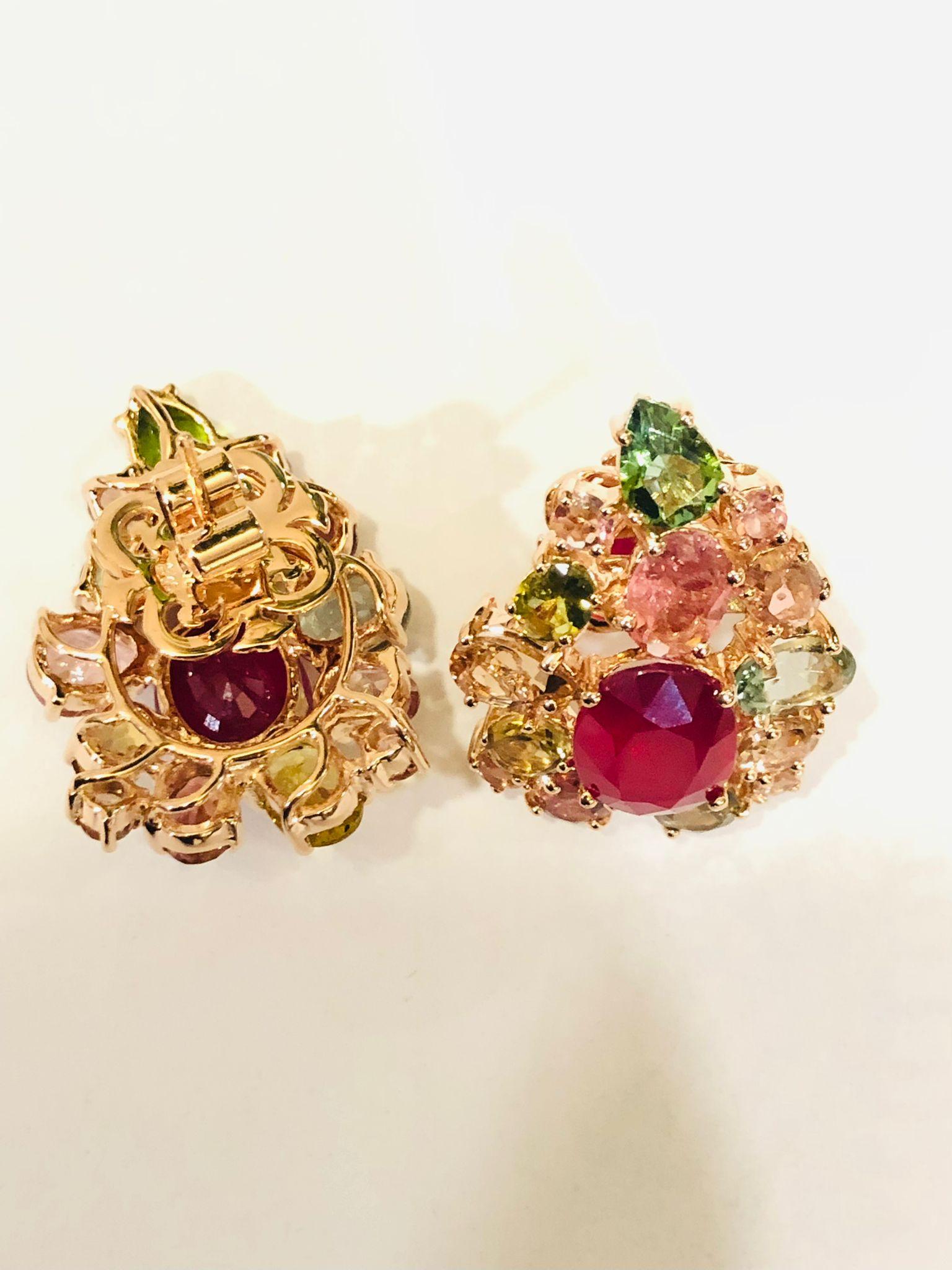 Bochic “Orient” Ruby & Multi Color Tourmalines Earrings Set 18K Gold & Silver Corte brillante en venta