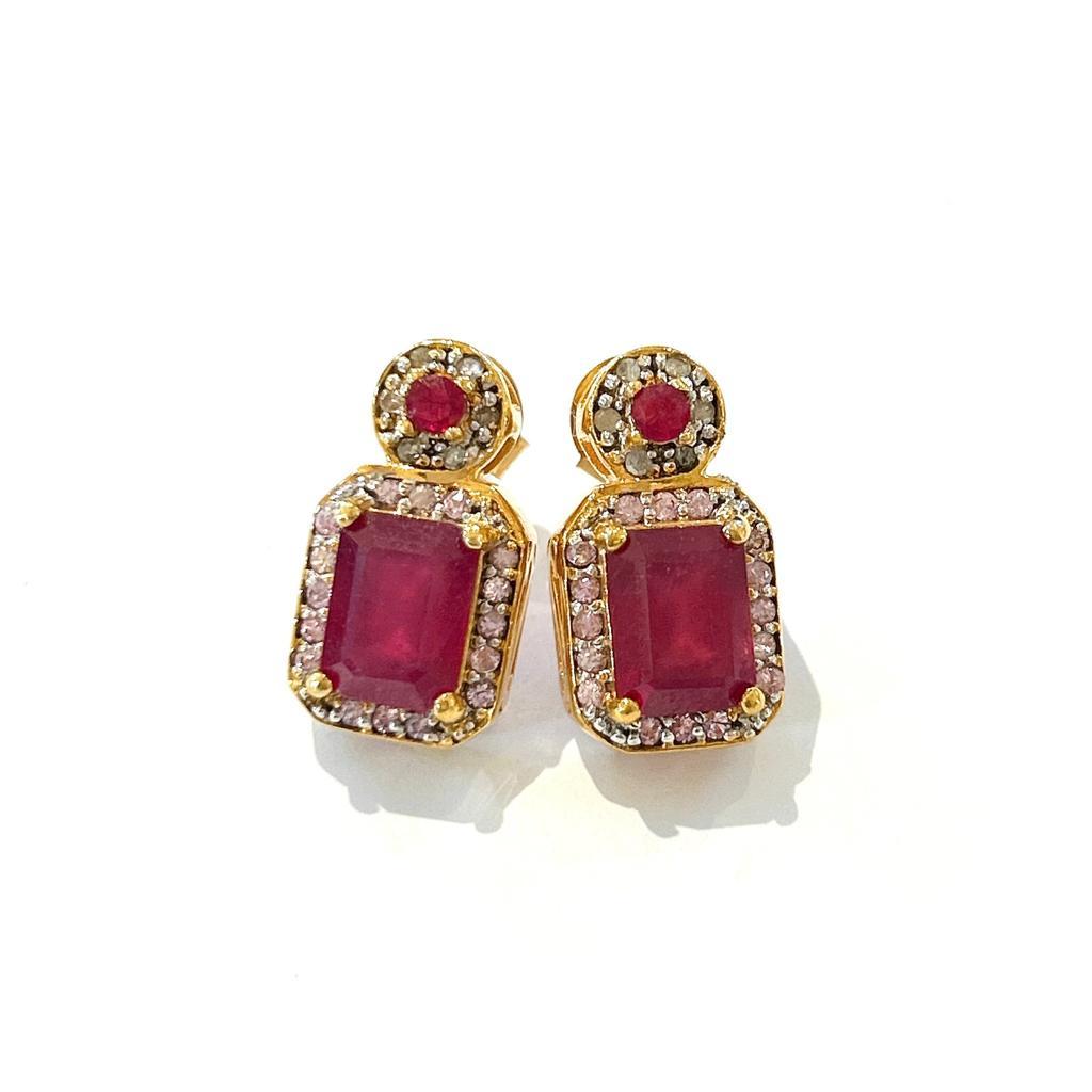 Art Deco Bochic “Orient” Ruby & Multi Diamond Earrings Set In 18K Gold & Silver  For Sale