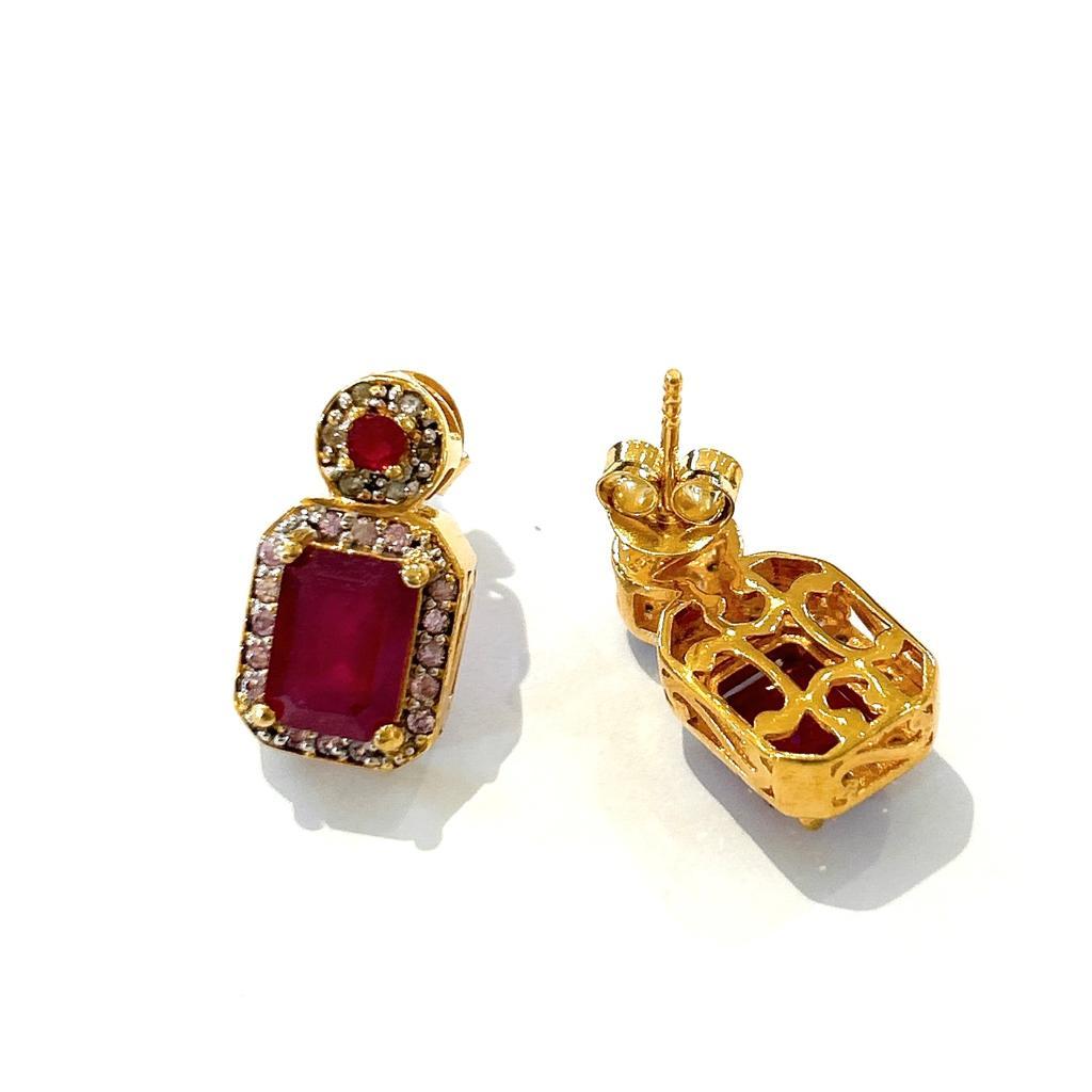 Emerald Cut Bochic “Orient” Ruby & Multi Diamond Earrings Set In 18K Gold & Silver  For Sale