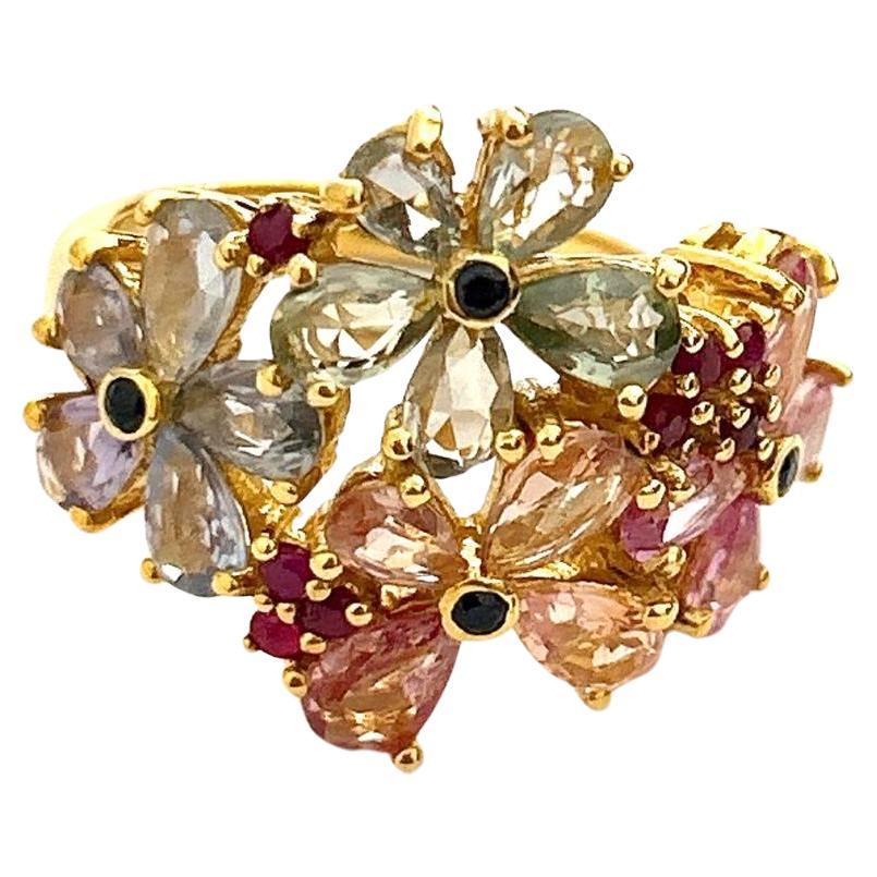 Bochic “Orient” Ruby & Multi Fancy Sapphire Cocktail Ring Set 18K & Silver