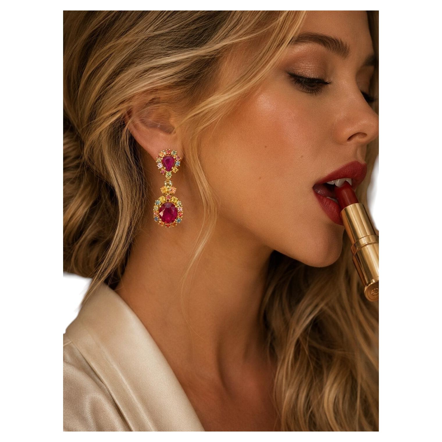 Bochic “Orient” Ruby & Multi Fancy Sapphire Earrings- 18K Gold&Silver For Sale