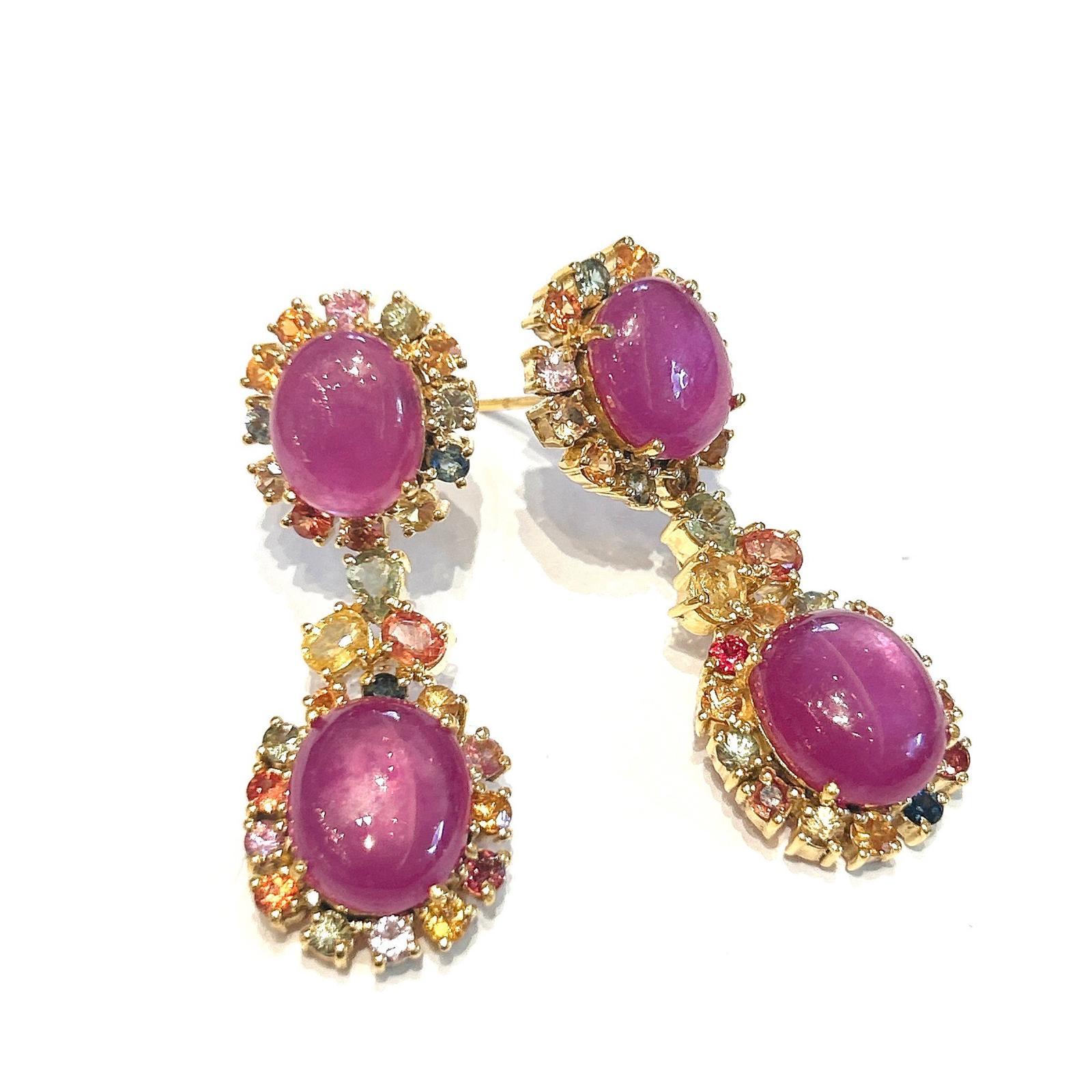 Baroque Revival Bochic “Orient” Ruby & Multi Fancy Sapphire Earrings Set 18K Gold&Silver For Sale
