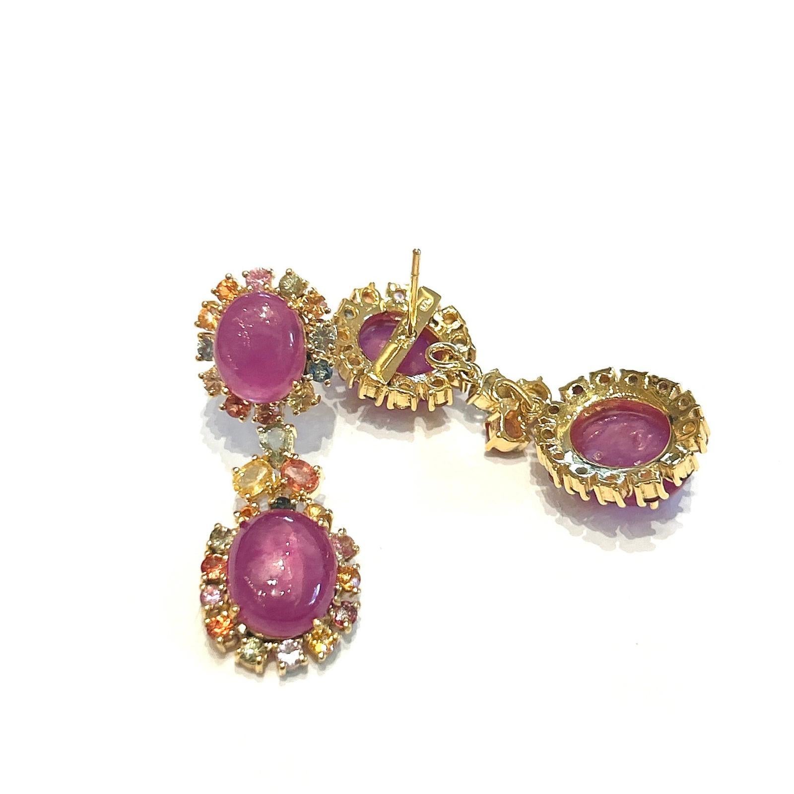 Cabochon Bochic “Orient” Ruby & Multi Fancy Sapphire Earrings Set 18K Gold&Silver For Sale