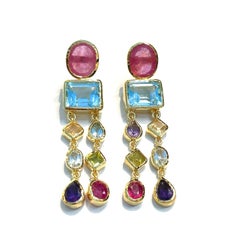 Bochic “Orient” Vintage Ruby & Multi gem Cascading Earrings Set 18K Gold&Silver