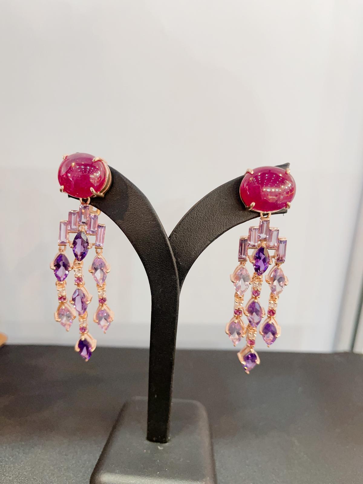 Art Deco Bochic “Orient” Ruby & Multi gem Cascading Earrings Set 18K Gold&Silver For Sale