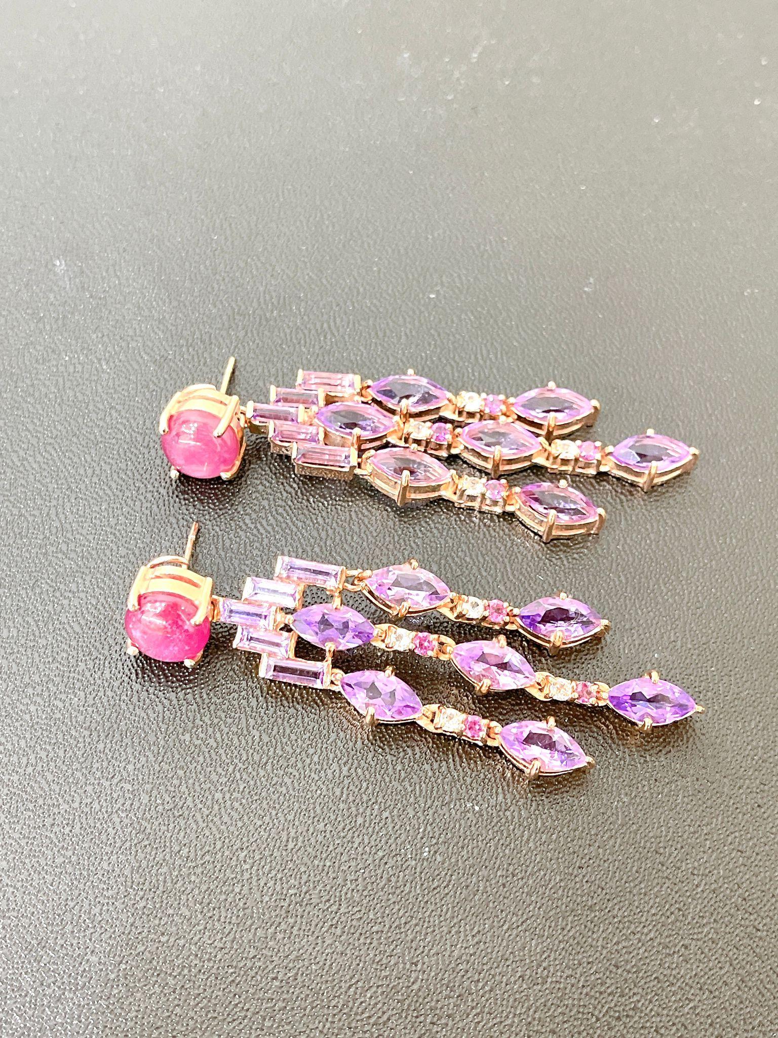 Brilliant Cut Bochic “Orient” Ruby & Multi gem Cascading Earrings Set 18K Gold&Silver For Sale