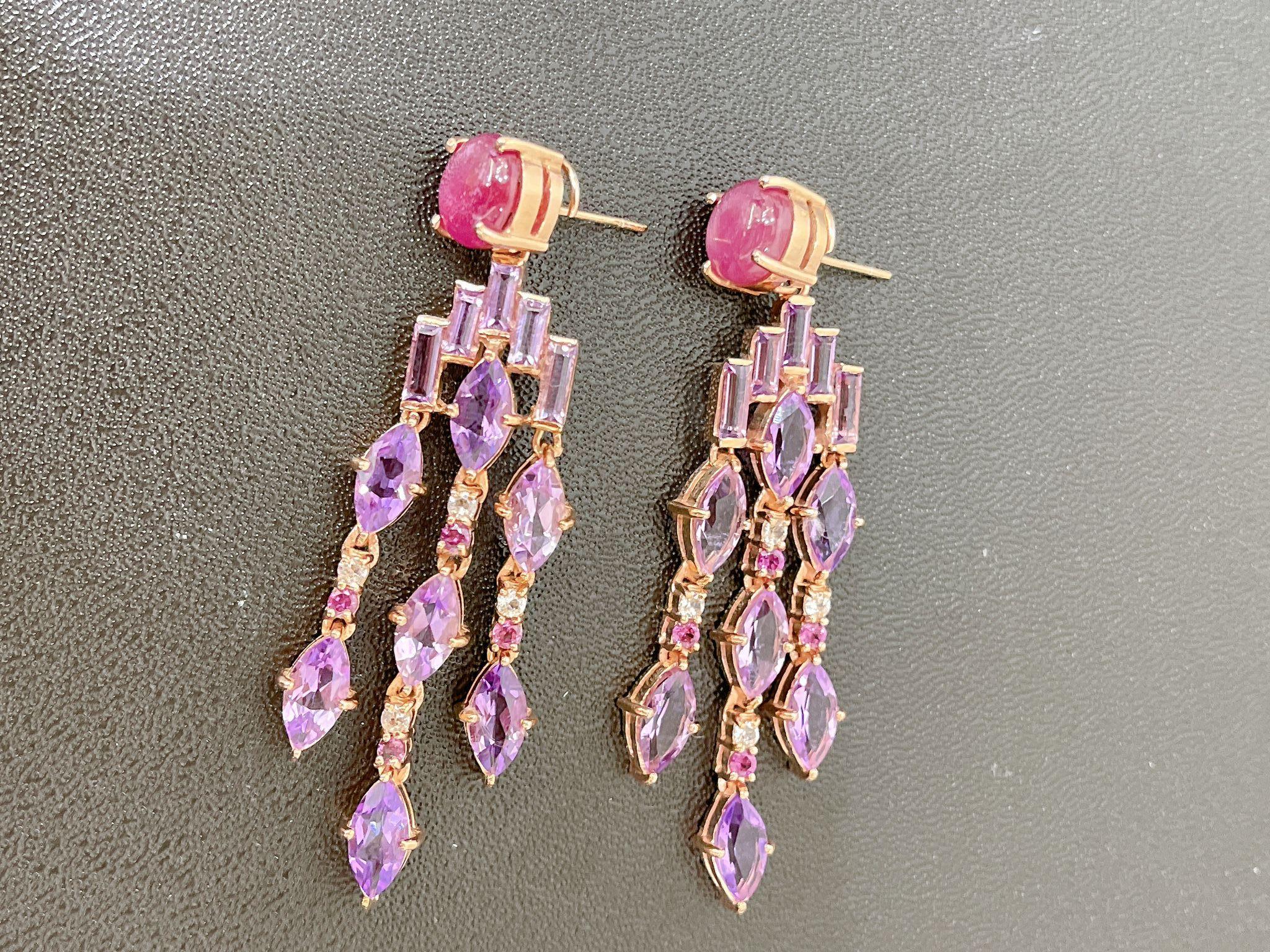Bochic “Orient” Ruby & Multi gem Cascading Earrings Set 18K Gold&Silver In New Condition For Sale In New York, NY