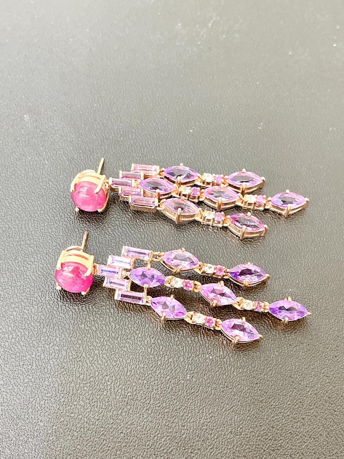 Women's Bochic “Orient” Ruby & Multi gem Cascading Earrings Set 18K Gold&Silver For Sale