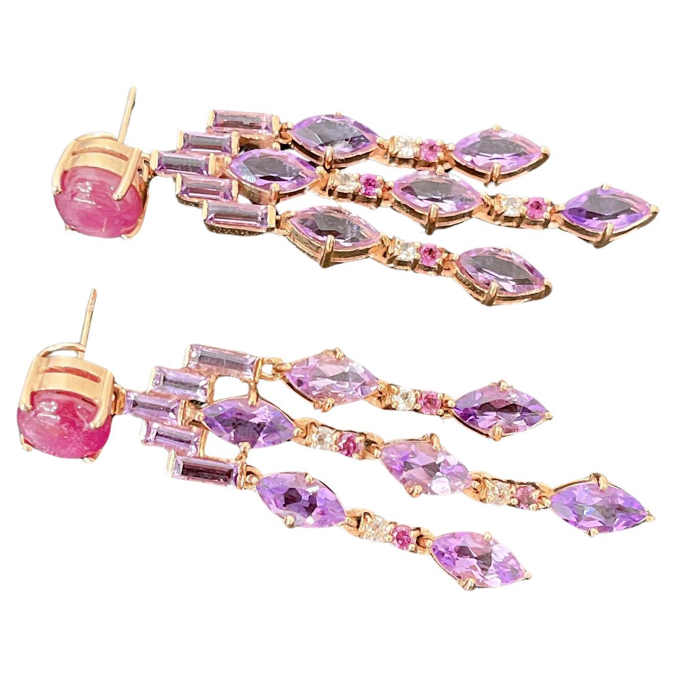 Bochic “Orient” Ruby & Multi gem Cascading Earrings Set 18K Gold&Silver