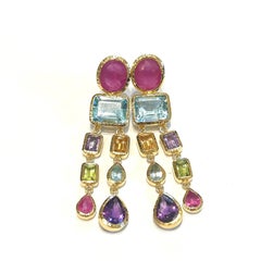 Bochic Orient Rubin & Multi Edelstein Kronleuchter Ohrringe Set 18K Gold&Silber
