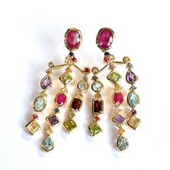 Bochic “Orient” Vintage Ruby & Multi gem Chandelier Earrings Set 18K Gold&Silver