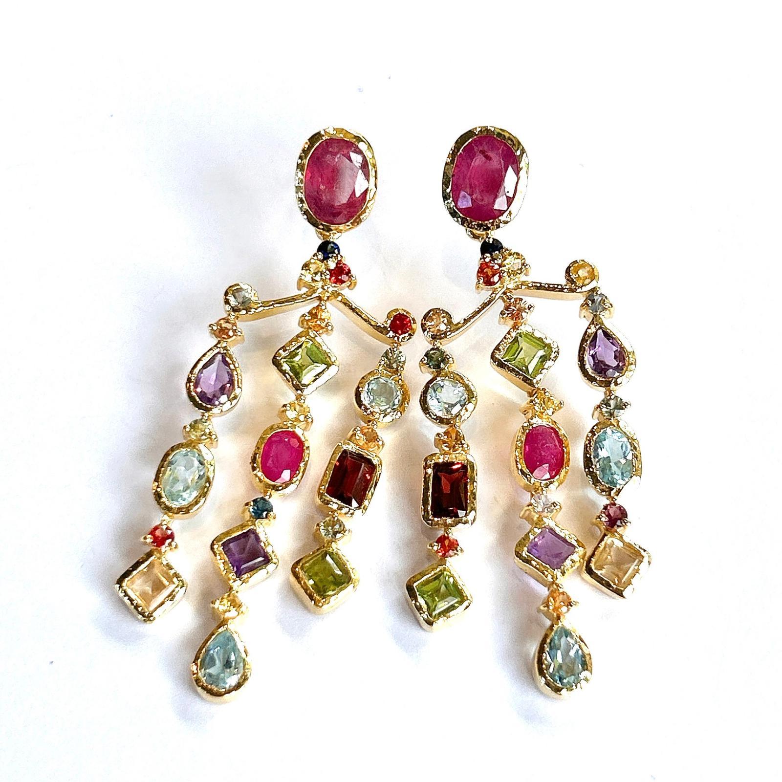 Belle Époque Bochic “Orient” Ruby & Multi gem Chandelier Earrings Set 18K Gold&Silver in vendita