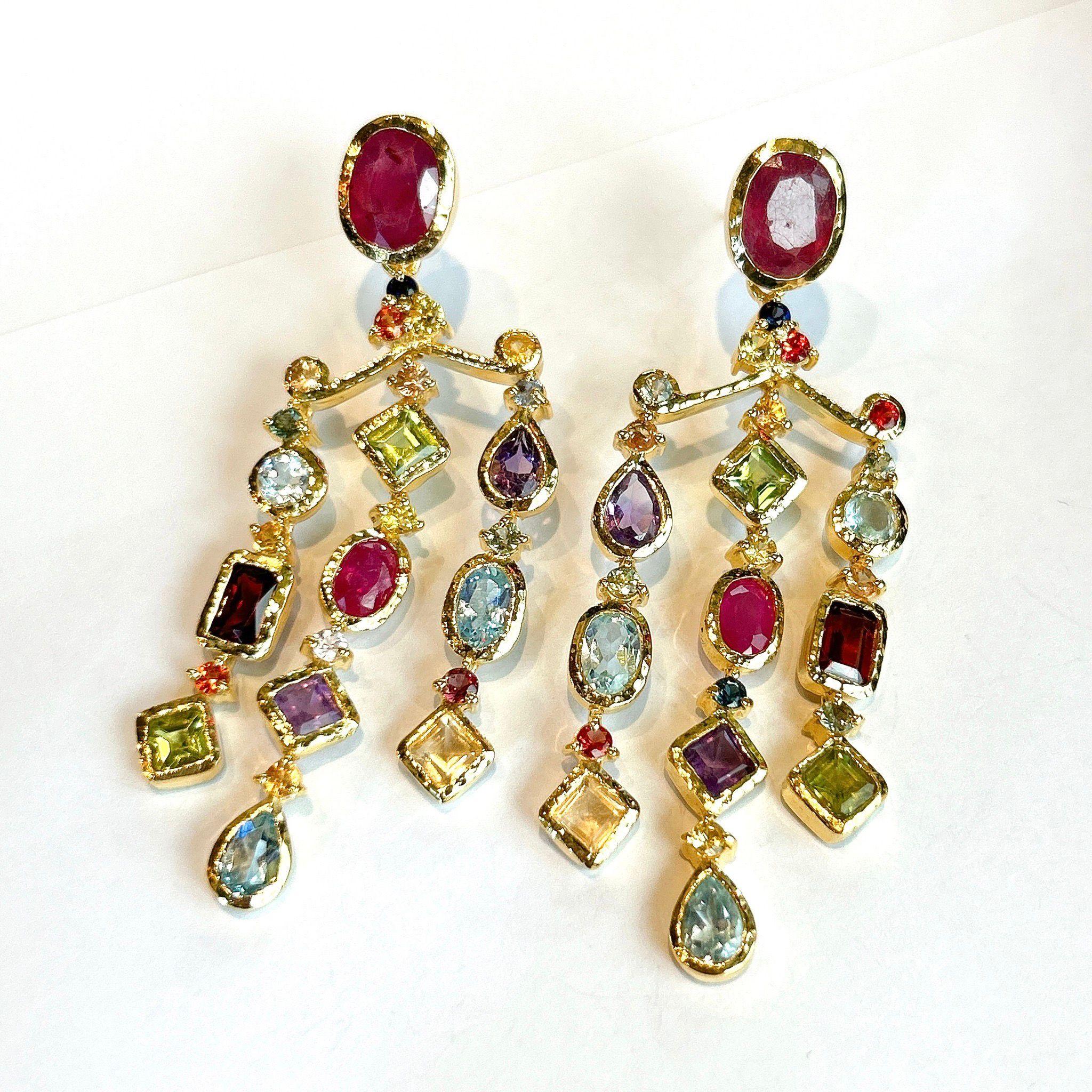Bochic “Orient” Ruby & Multi gem Chandelier Earrings Set 18K Gold&Silver For Sale 1