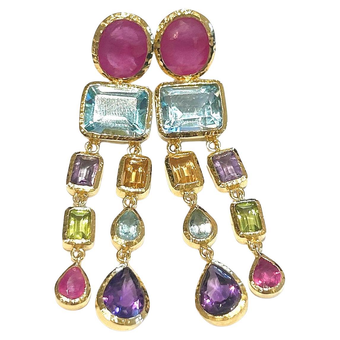 Bochic “Orient” Ruby & Multi gem Chandelier Earrings Set 18K Gold&Silver 