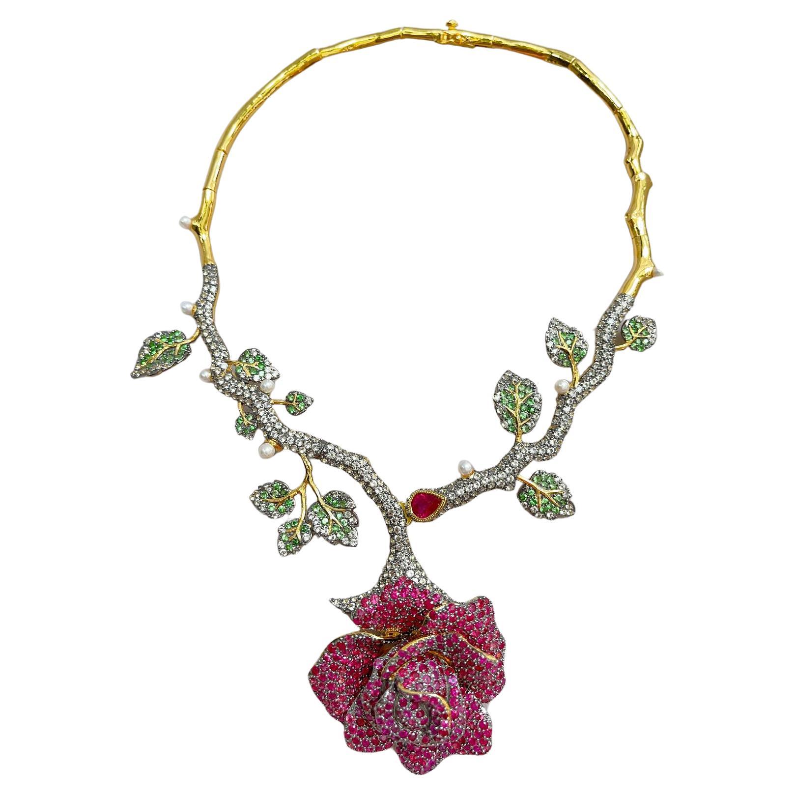 Bochic “Orient” Ruby & Multi Gem Flower Necklace Set In 18K Gold & Silver  For Sale