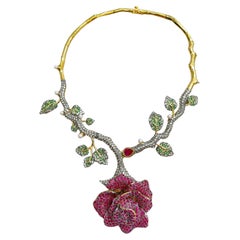 Bochic “Orient” Ruby & Multi Gem Flower Necklace Set In 18K Gold & Silver 