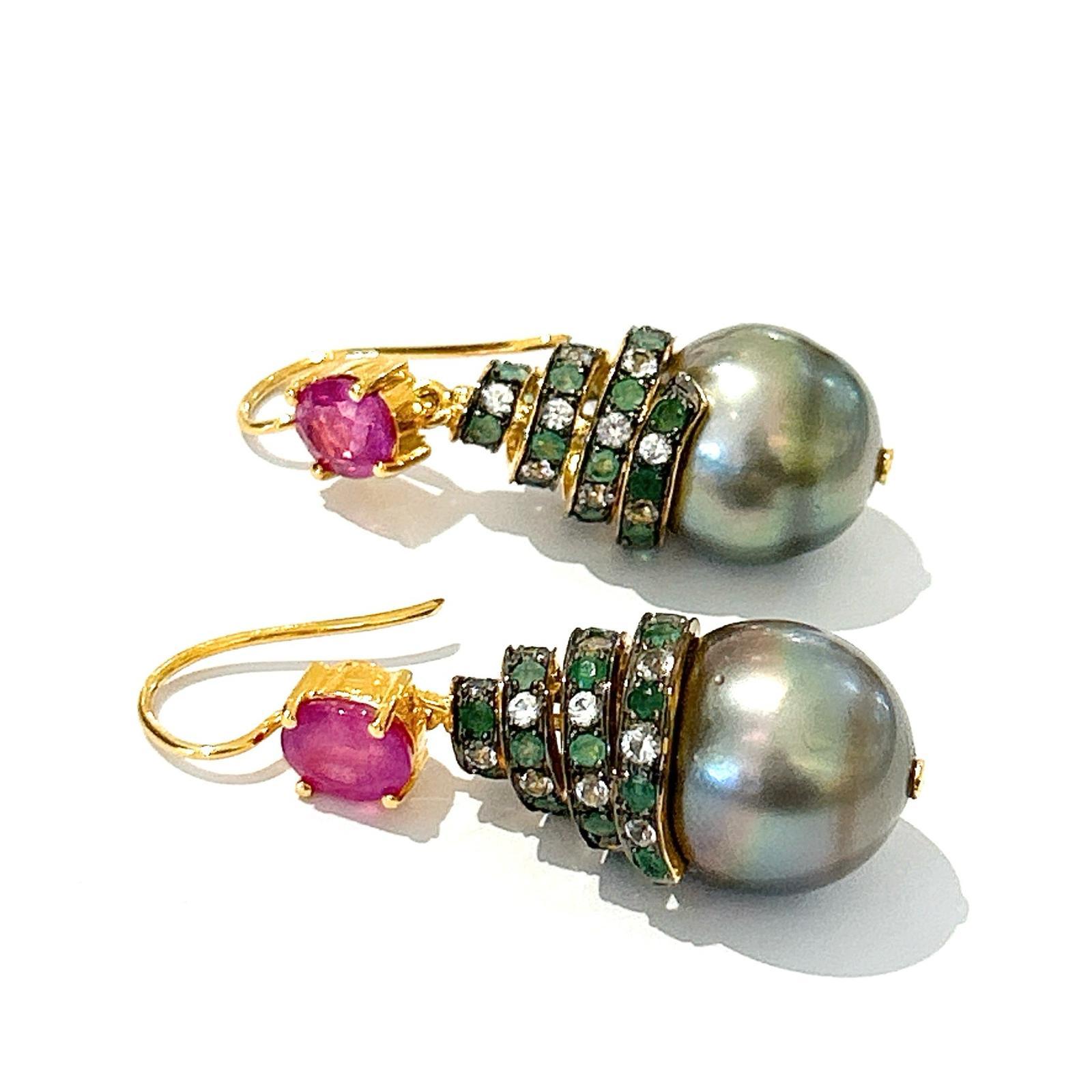 Art Deco Bochic “Orient” Ruby, Multi Gem & South Sea Pearl Earrings In 18K Gold & Silver  For Sale