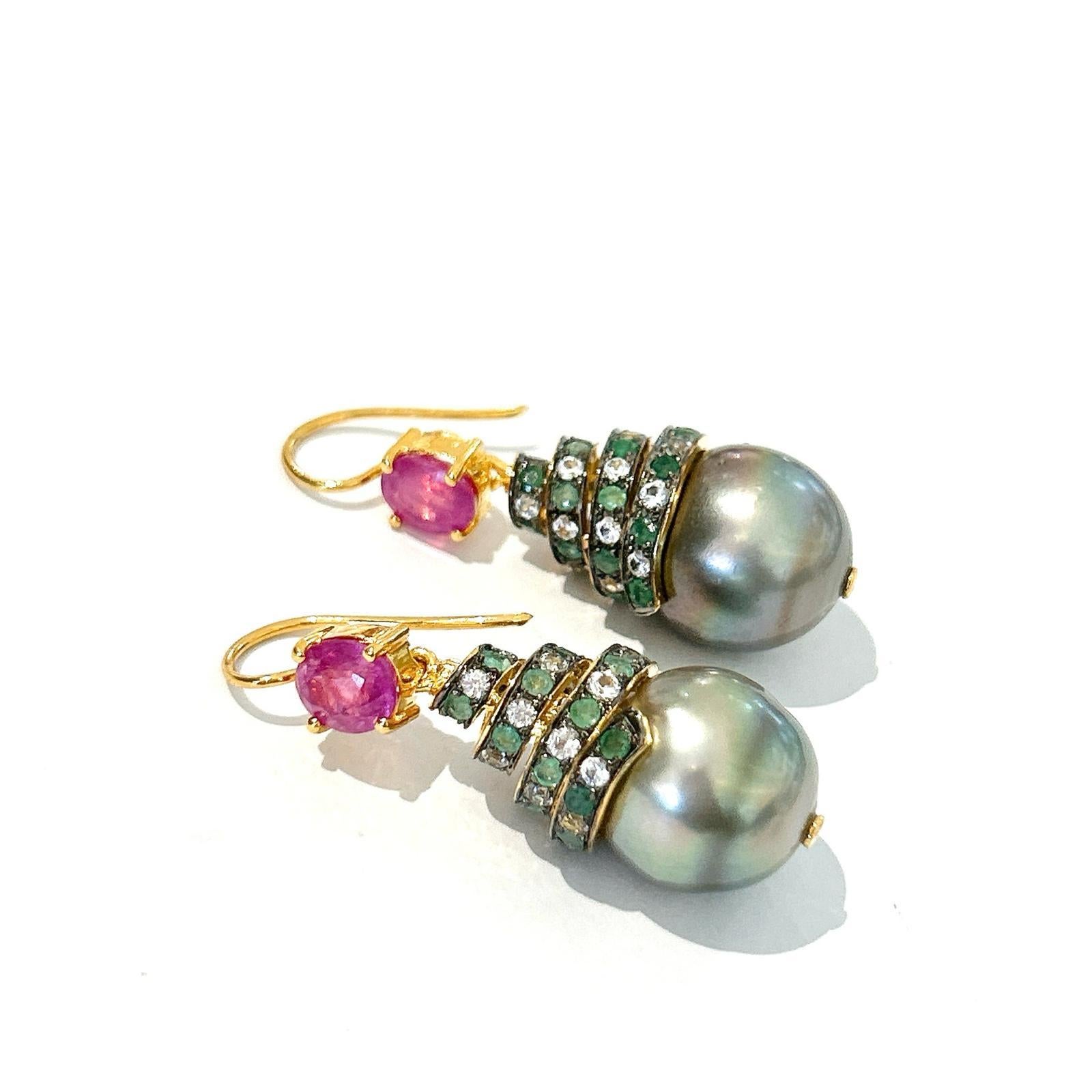 Brilliant Cut Bochic “Orient” Ruby, Multi Gem & South Sea Pearl Earrings In 18K Gold & Silver  For Sale