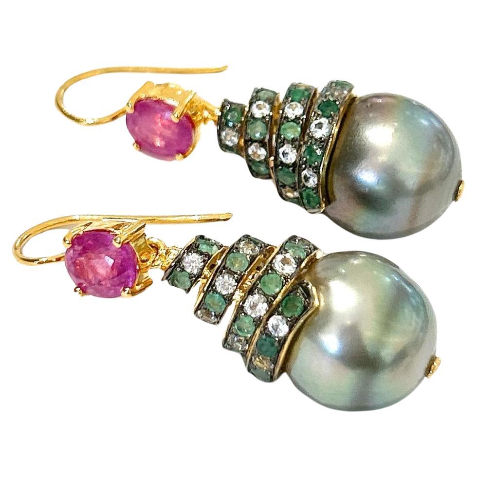 Bochic “Orient” Ruby, Multi Gem & South Sea Pearl Earrings In 18K Gold & Silver  For Sale