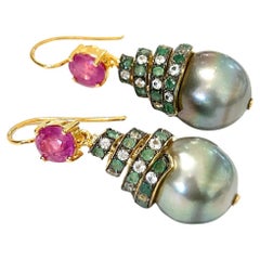 Bochic “Orient” Ruby, Multi Gem & South Sea Pearl Earrings In 18K Gold & Silver
