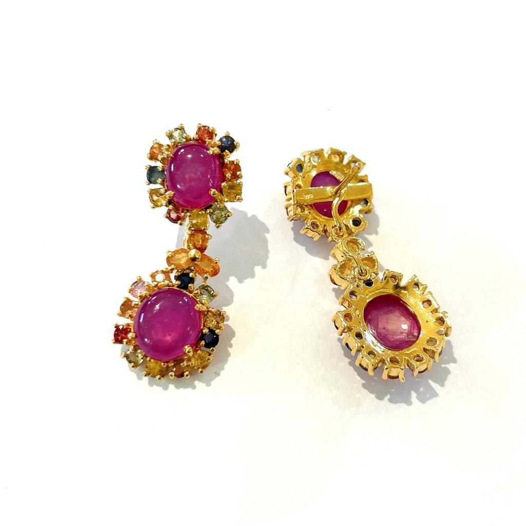 Baroque Bochic “Orient” Ruby & Multi Sapphire Earrings Set In 18K Gold & Silver  For Sale