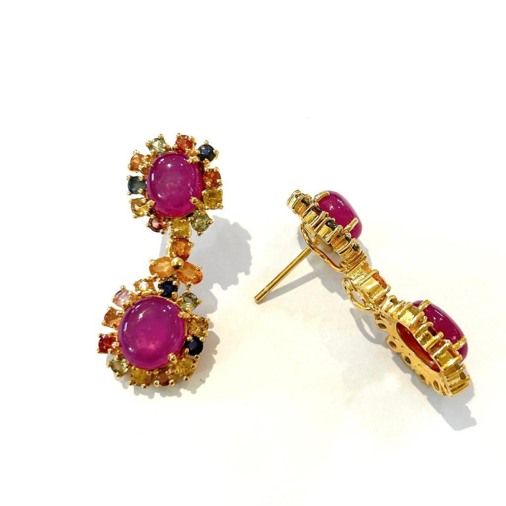 Brilliant Cut Bochic “Orient” Ruby & Multi Sapphire Earrings Set In 18K Gold & Silver  For Sale