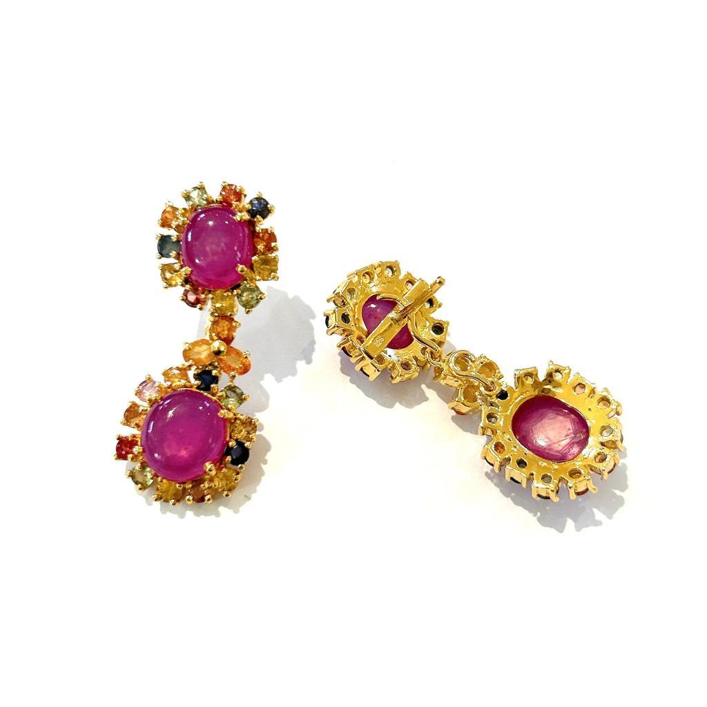 Bochic “Orient” Ruby & Multi Sapphire Earrings Set In 18K Gold & Silver  In New Condition For Sale In New York, NY