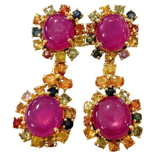 Bochic Orient Boucles d'oreilles rubis et saphirs multiples en or 18 carats et argent 