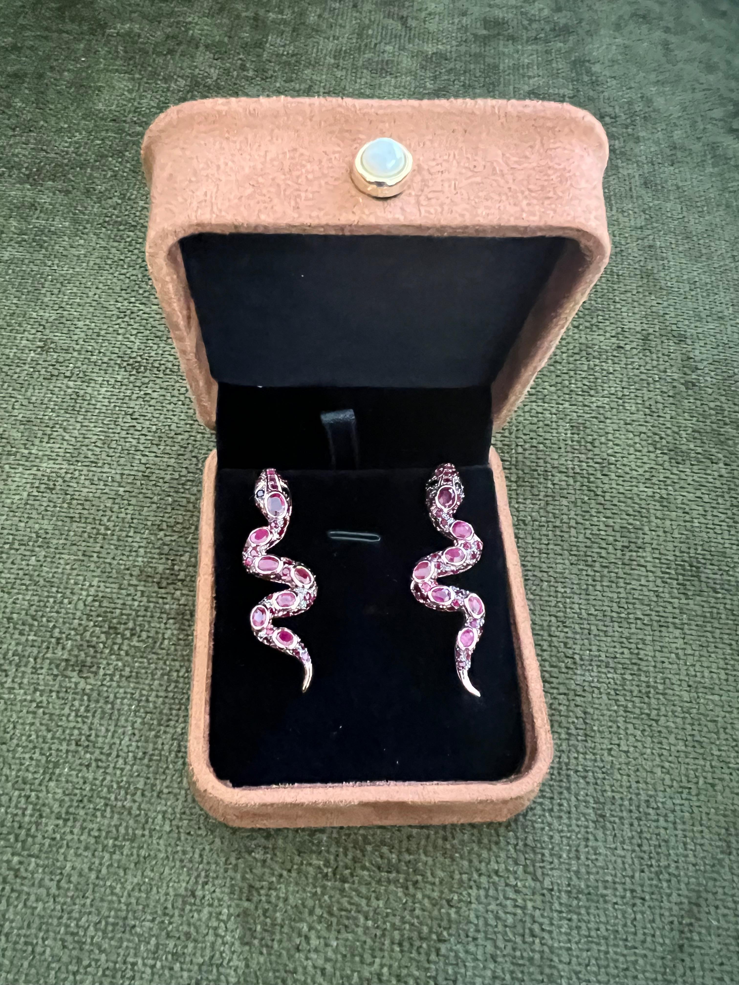 Bochic “Orient” Ruby & Multi Sapphire Serpent Earrings Set In 18K Gold & Silver For Sale 4