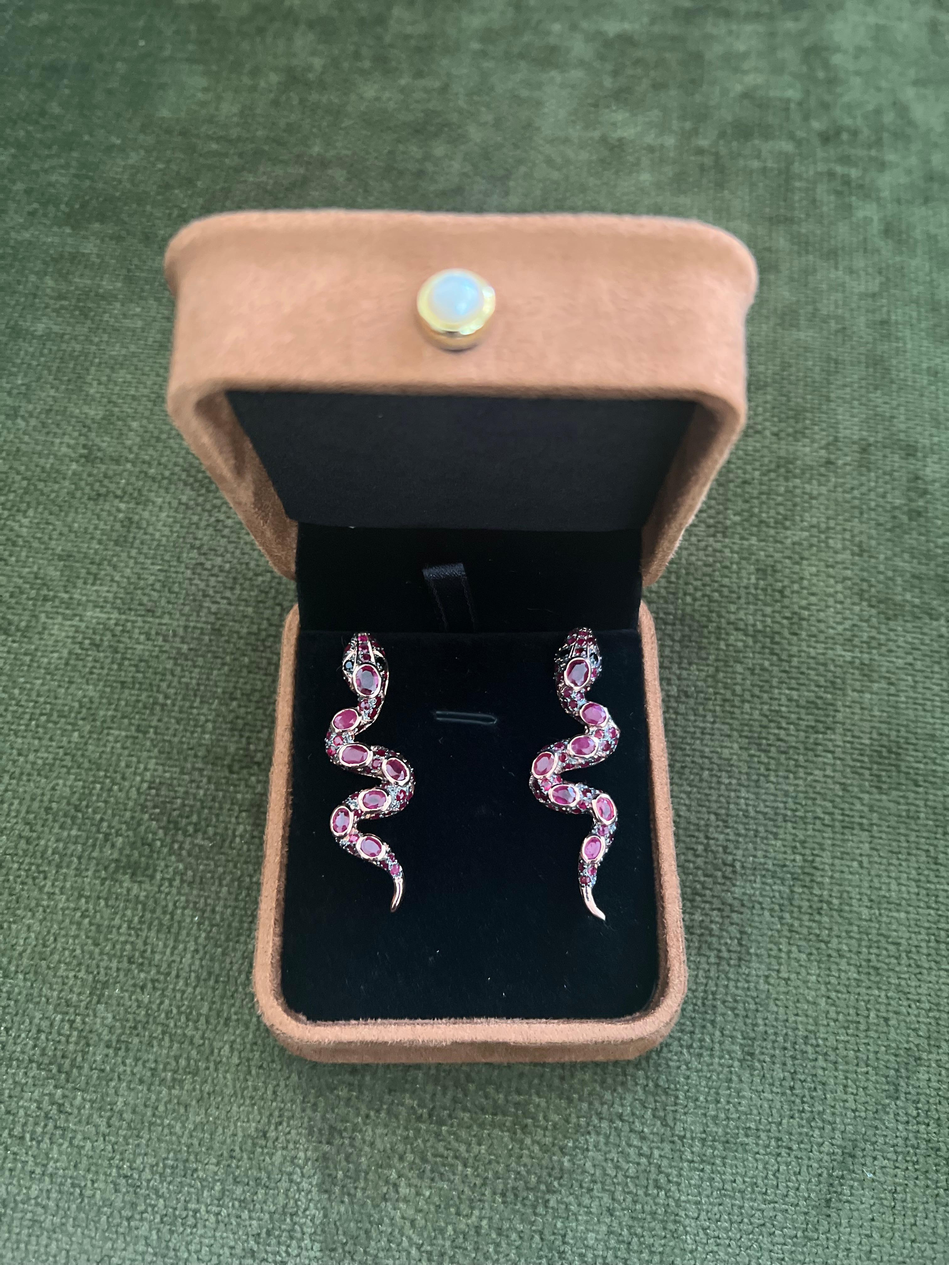 Bochic “Orient” Ruby & Multi Sapphire Serpent Earrings Set In 18K Gold & Silver For Sale 4