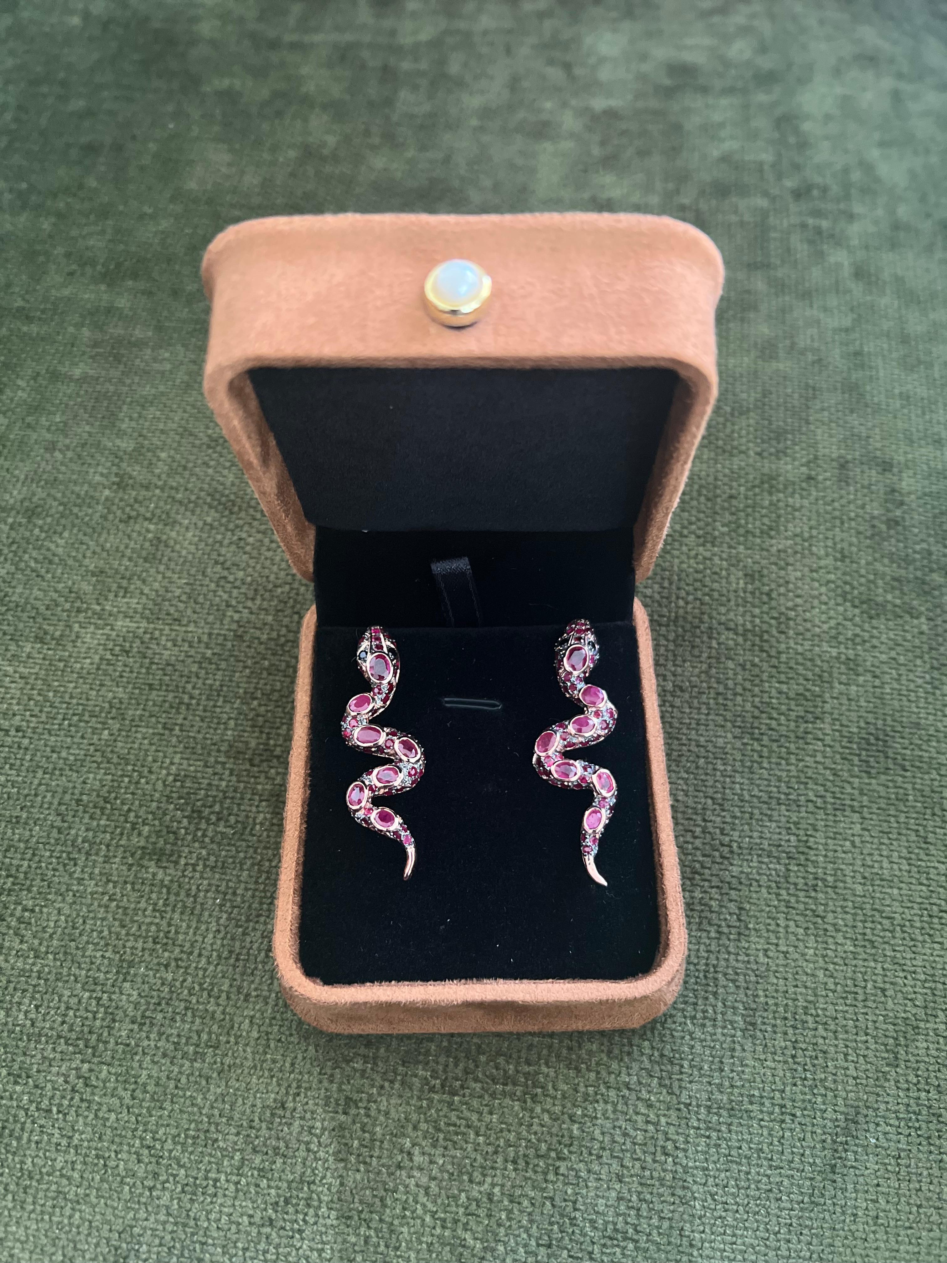 Bochic “Orient” Ruby & Multi Sapphire Serpent Earrings Set In 18K Gold & Silver For Sale 6