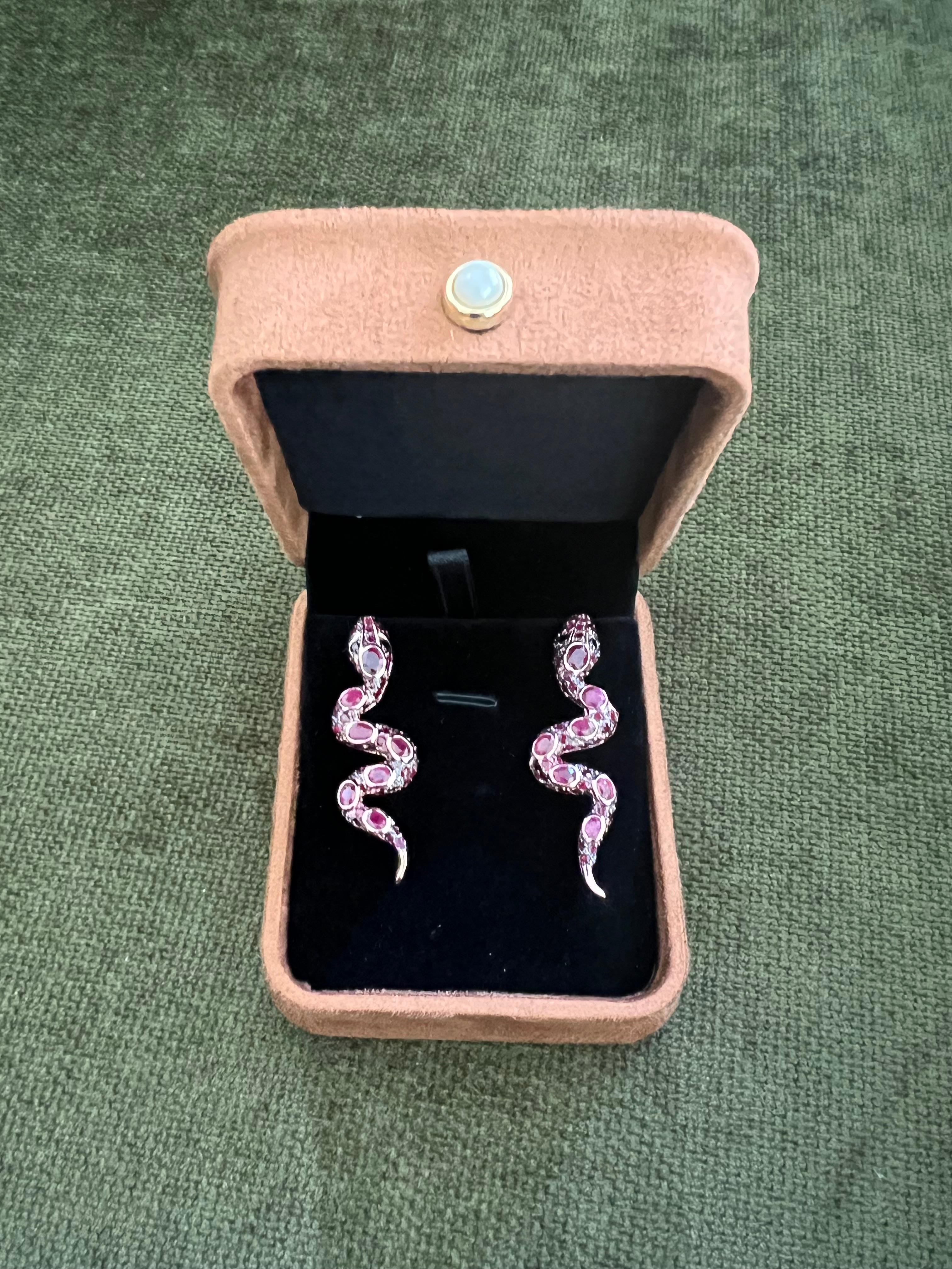Bochic “Orient” Ruby & Multi Sapphire Serpent Earrings Set In 18K Gold & Silver For Sale 7