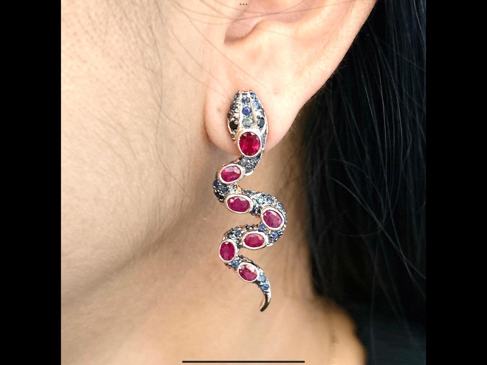 Bochic “Orient” Ruby & Multi Sapphire Serpent Earrings Set In 18K Gold & Silver For Sale 8