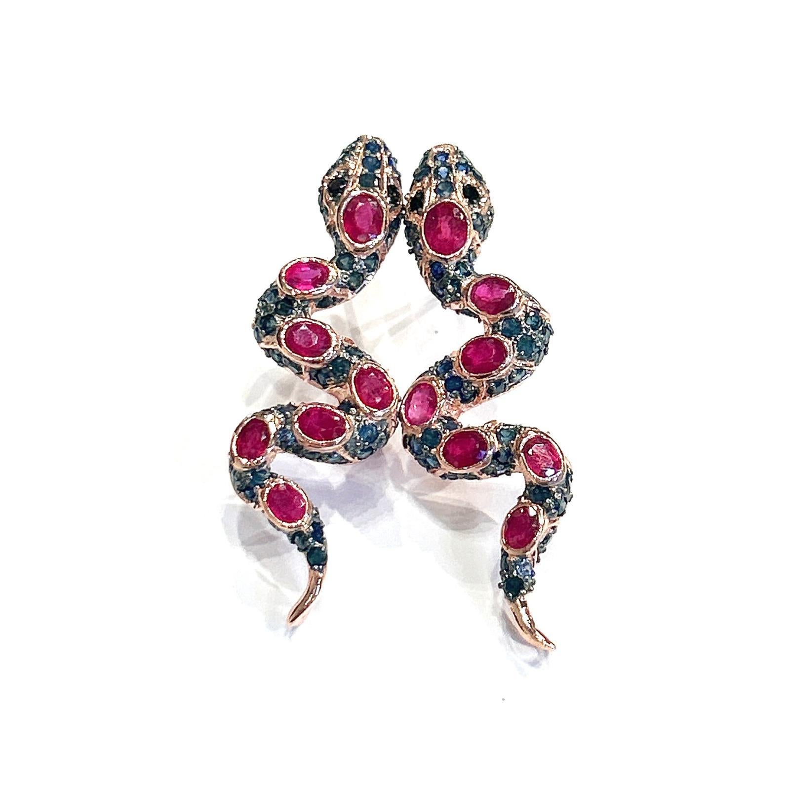 Bochic “Orient” Ruby & Multi Sapphire Serpent Earrings Set In 18K Gold & Silver 

Natural Rubies - 4 carat  
Natural Multi color Sapphires  - 2.50 carat 

The earrings from the 